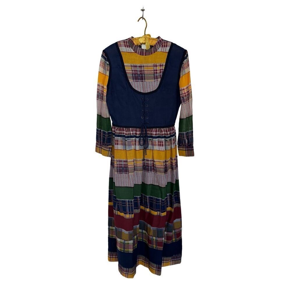 Vintage Mid Century Avalon Plaid Patchwork Print Farmhouse Cottage Maxi Dress
